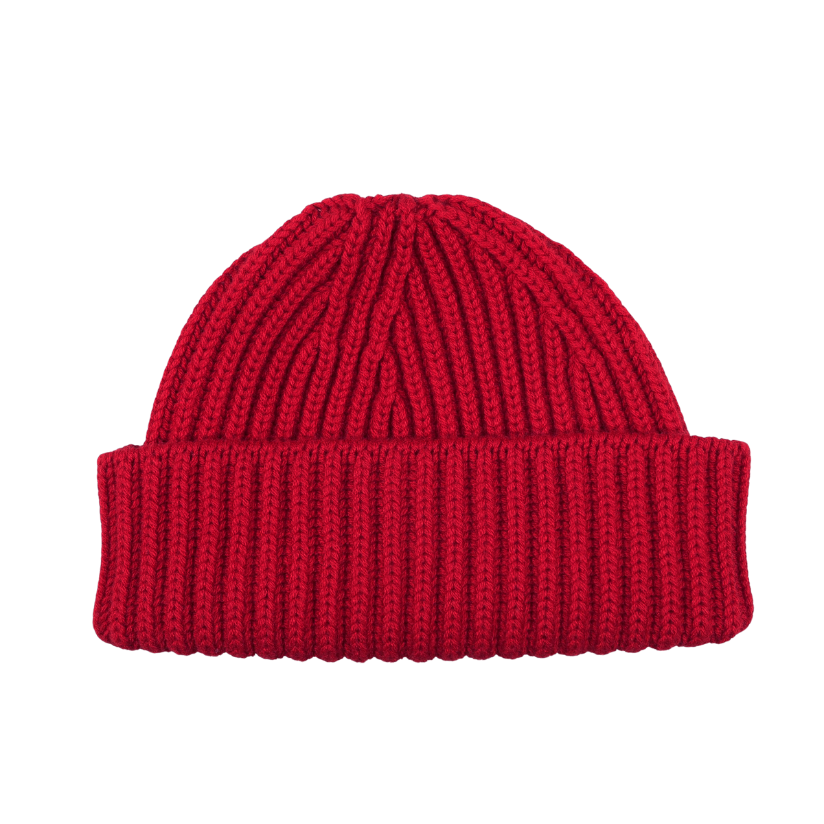 Ruby Red Cashmere Short Ribbed Beanie by William Lockie, featuring a ribbed texture and folded brim, displayed on a white background.