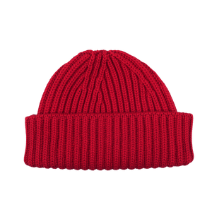 Ruby Red Cashmere Short Ribbed Beanie by William Lockie, featuring a ribbed texture and folded brim, displayed on a white background.