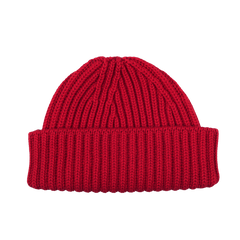 Ruby Red Cashmere Short Ribbed Beanie by William Lockie, featuring a ribbed texture and folded brim, displayed on a white background.