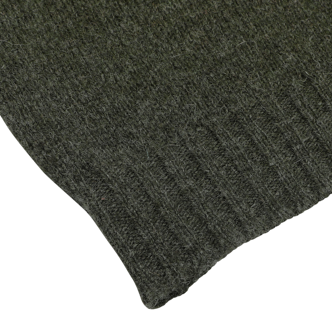 Close-up image of a dark green knitted fabric corner, showcasing the texture and ribbed edges of the supersoft William Lockie Spruce Green Shetland Lambswool V-Neck Sweater.