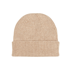 A William Lockie Stoneage Beige Cashmere Fine Ribbed Beanie on a white background.