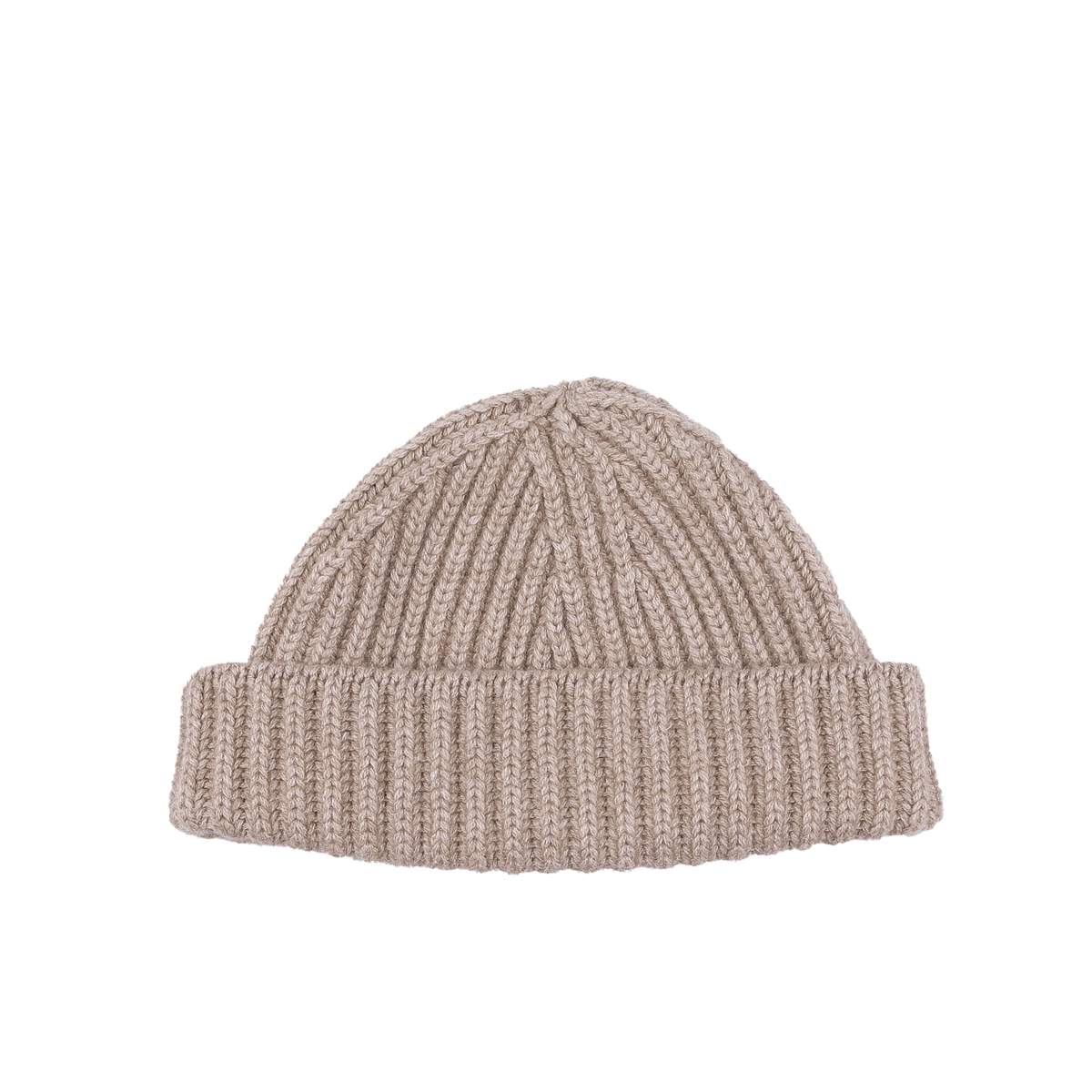 The William Lockie Stoneage Beige Cashmere Ribbed Short Beanie, featuring a chunky cashmere thread and folded at the bottom, is isolated on a white background.