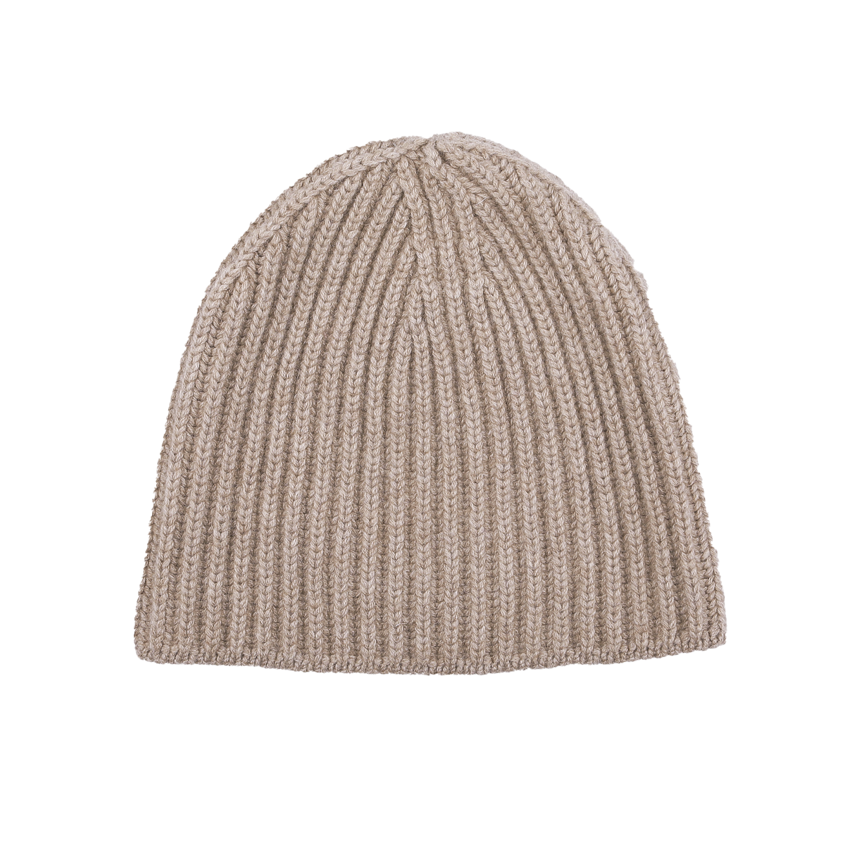 A Stoneage Beige Cashmere Ribbed Short Beanie by William Lockie, crafted with luxurious chunky cashmere thread, viewed from above against a white background.