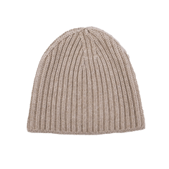 A Stoneage Beige Cashmere Ribbed Short Beanie by William Lockie, crafted with luxurious chunky cashmere thread, viewed from above against a white background.