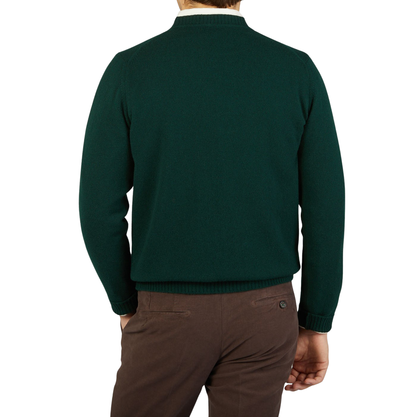 The back view of a man wearing a Tartan Green Crew Neck Lambswool Sweater by William Lockie and brown pants.