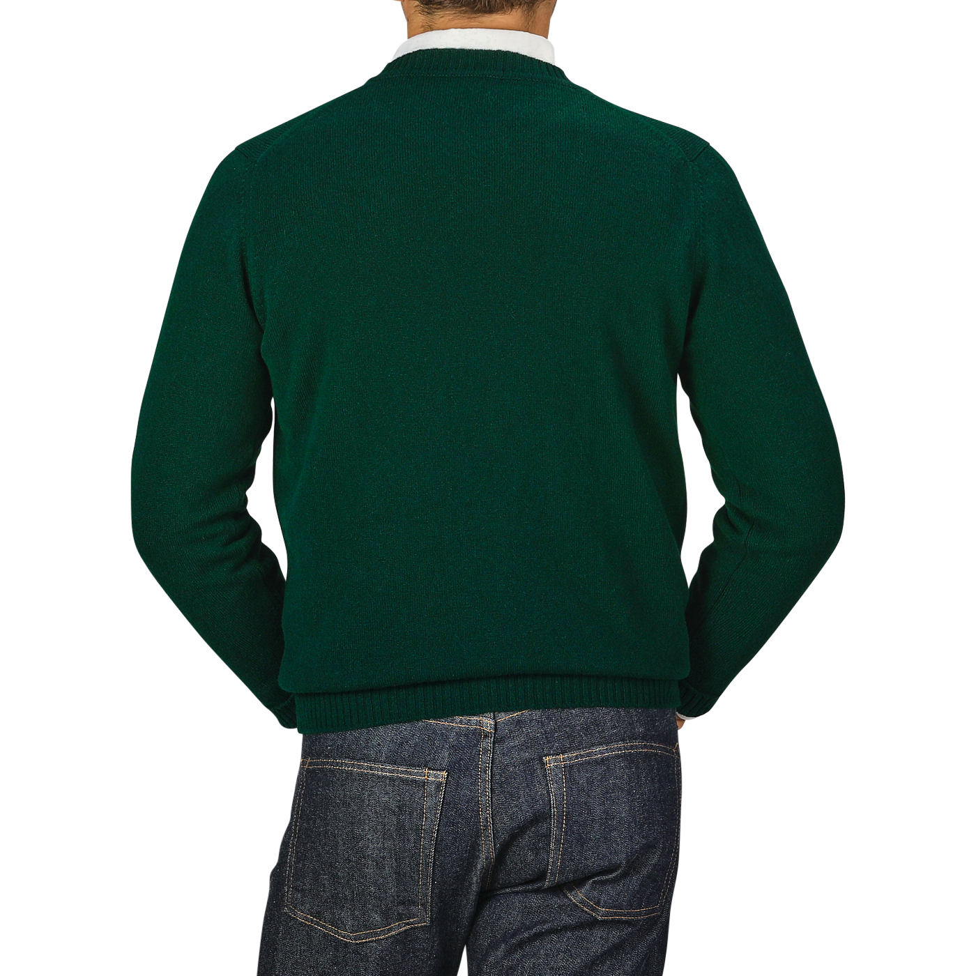 A person is shown from the back wearing a Tartan Green Crew Neck Lambswool Sweater by William Lockie and blue jeans.