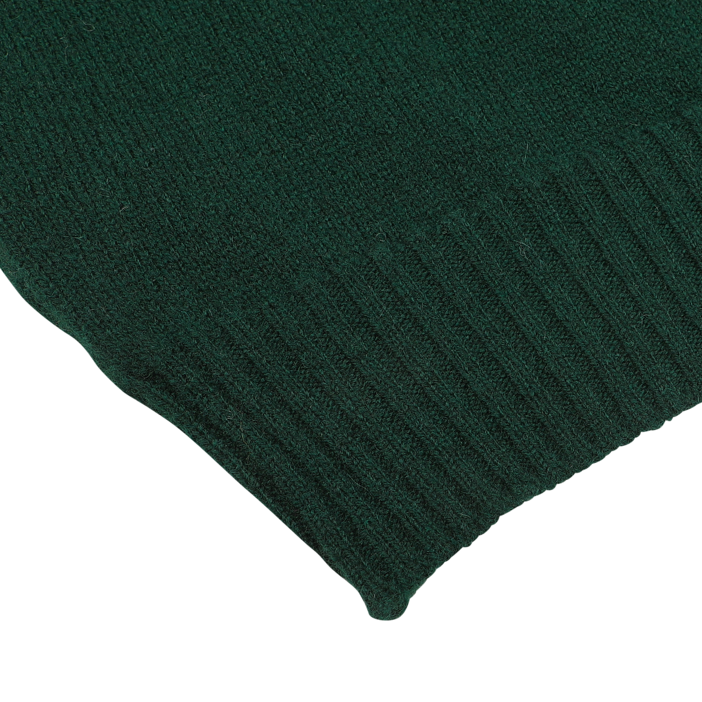 Close-up of the bottom edge of the Tartan Green Crew Neck Lambswool Sweater by William Lockie, highlighting the fine ribbed detailing along the hem, made from Scottish lambswool for extra warmth.