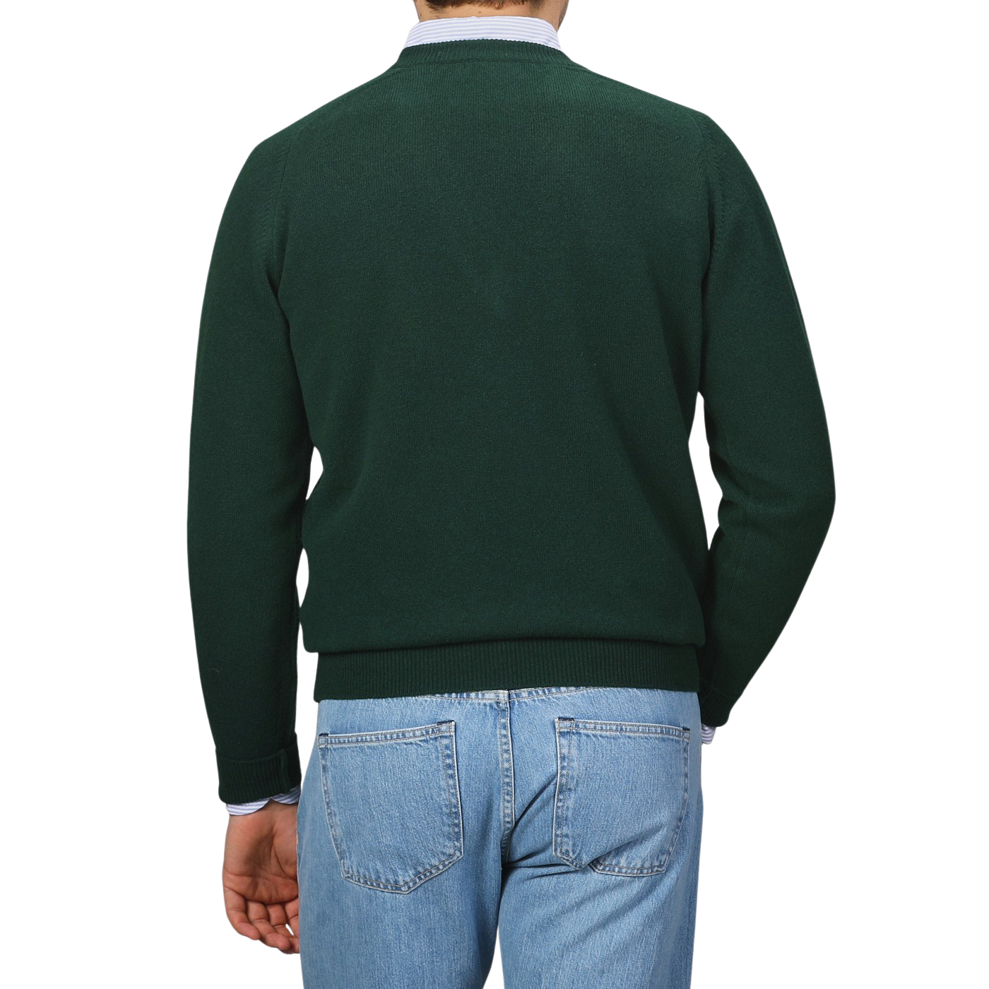 A person wearing a Tartan Green Deep V-Neck Lambswool Sweater by William Lockie and light blue jeans is standing with their back to the camera against a neutral background.