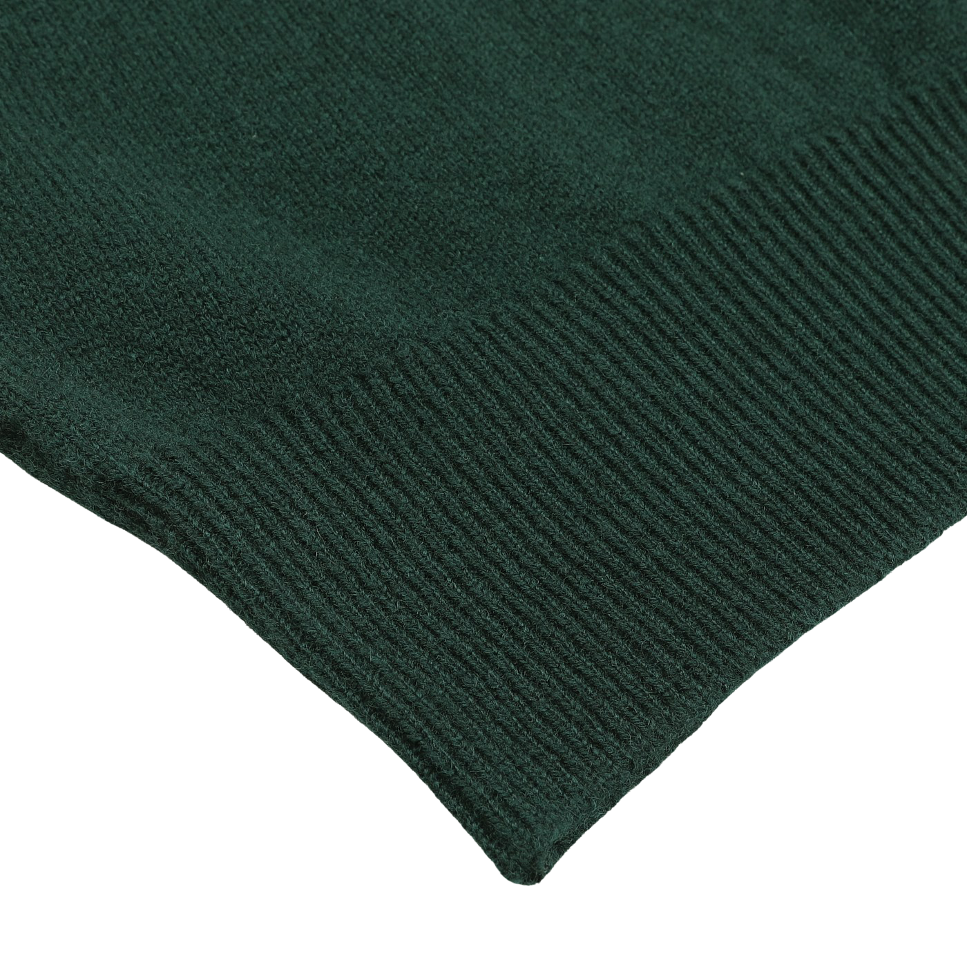 Close-up of a tartan green knitted fabric with a ribbed edge on a white surface, evoking the luxurious feel of the William Lockie Tartan Green Deep V-Neck Lambswool Sweater.