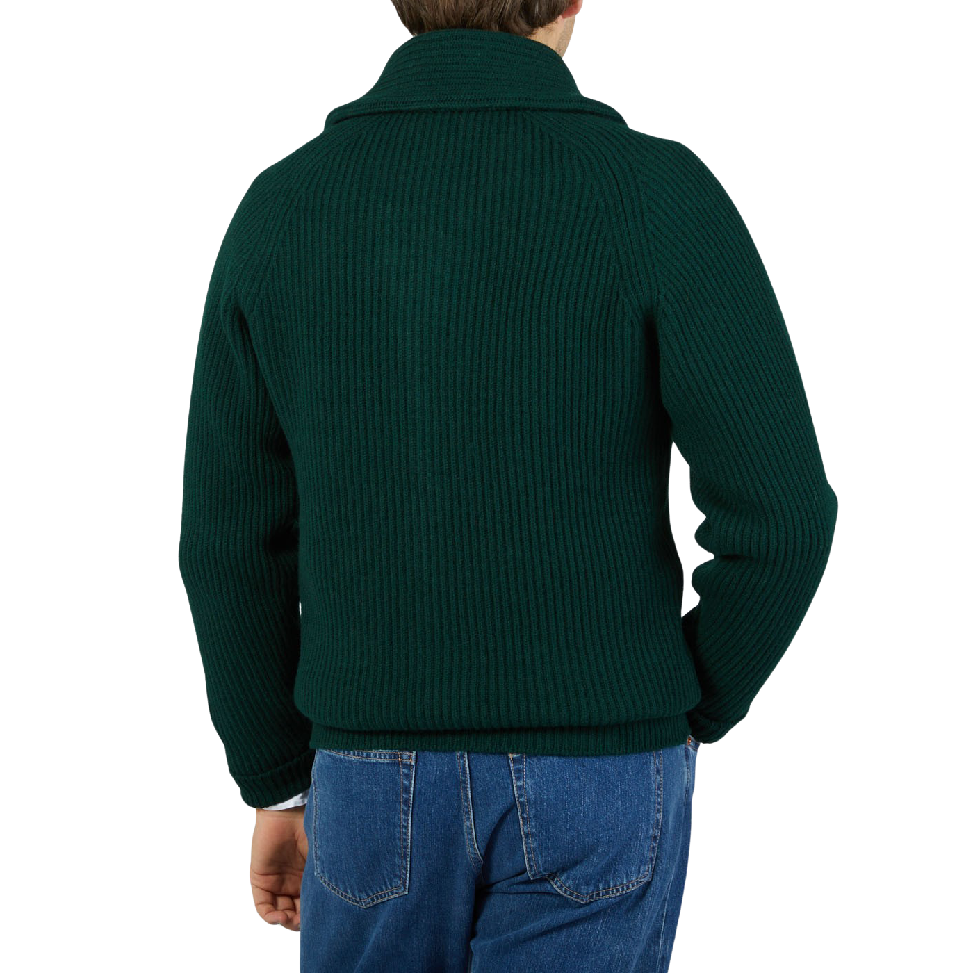 The man is seen from the back wearing a Tartan Green Lambswool Shawl Collar Cardigan by William Lockie.