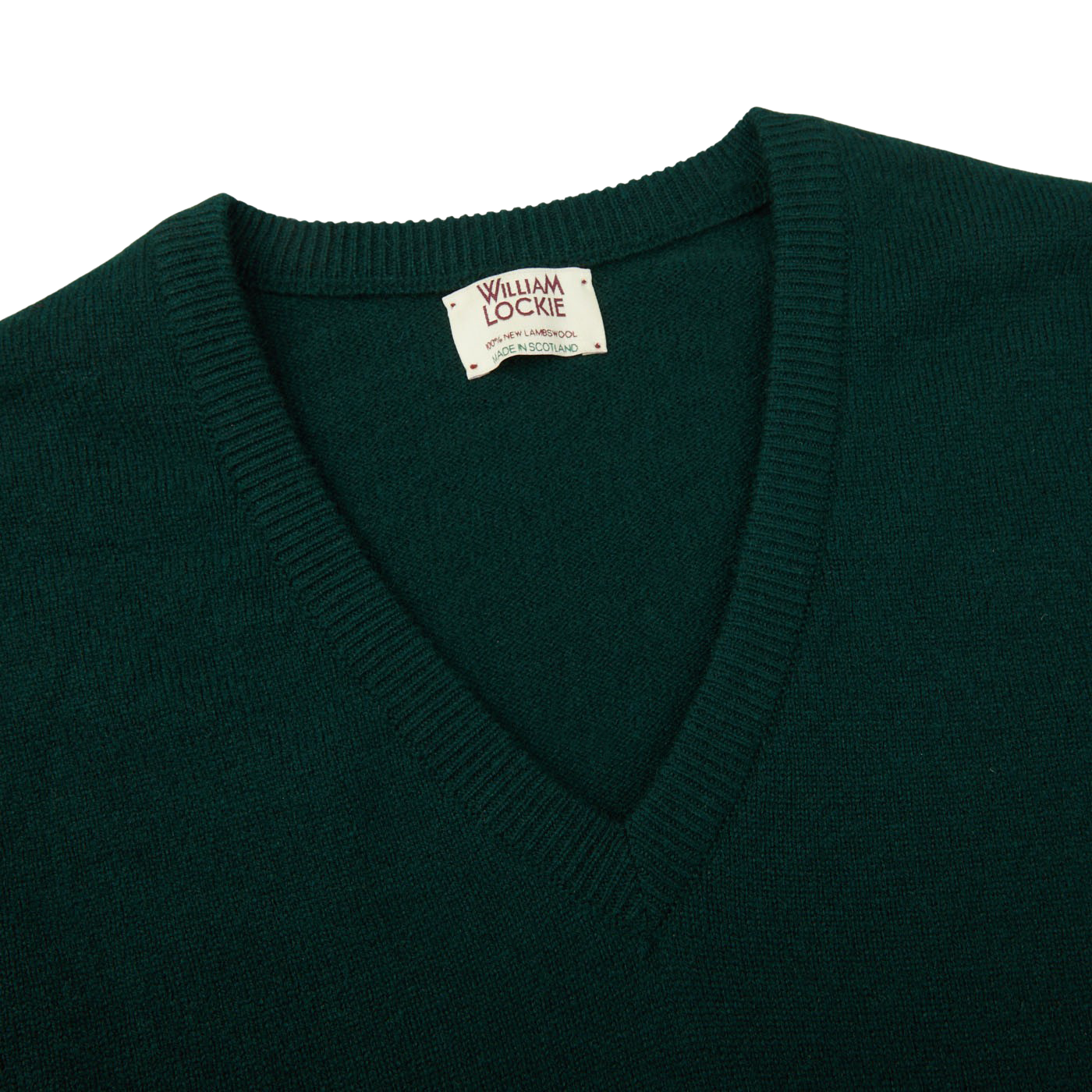 A Tartan Green Lambswool V-Neck Sweater on a white background, made by William Lockie.