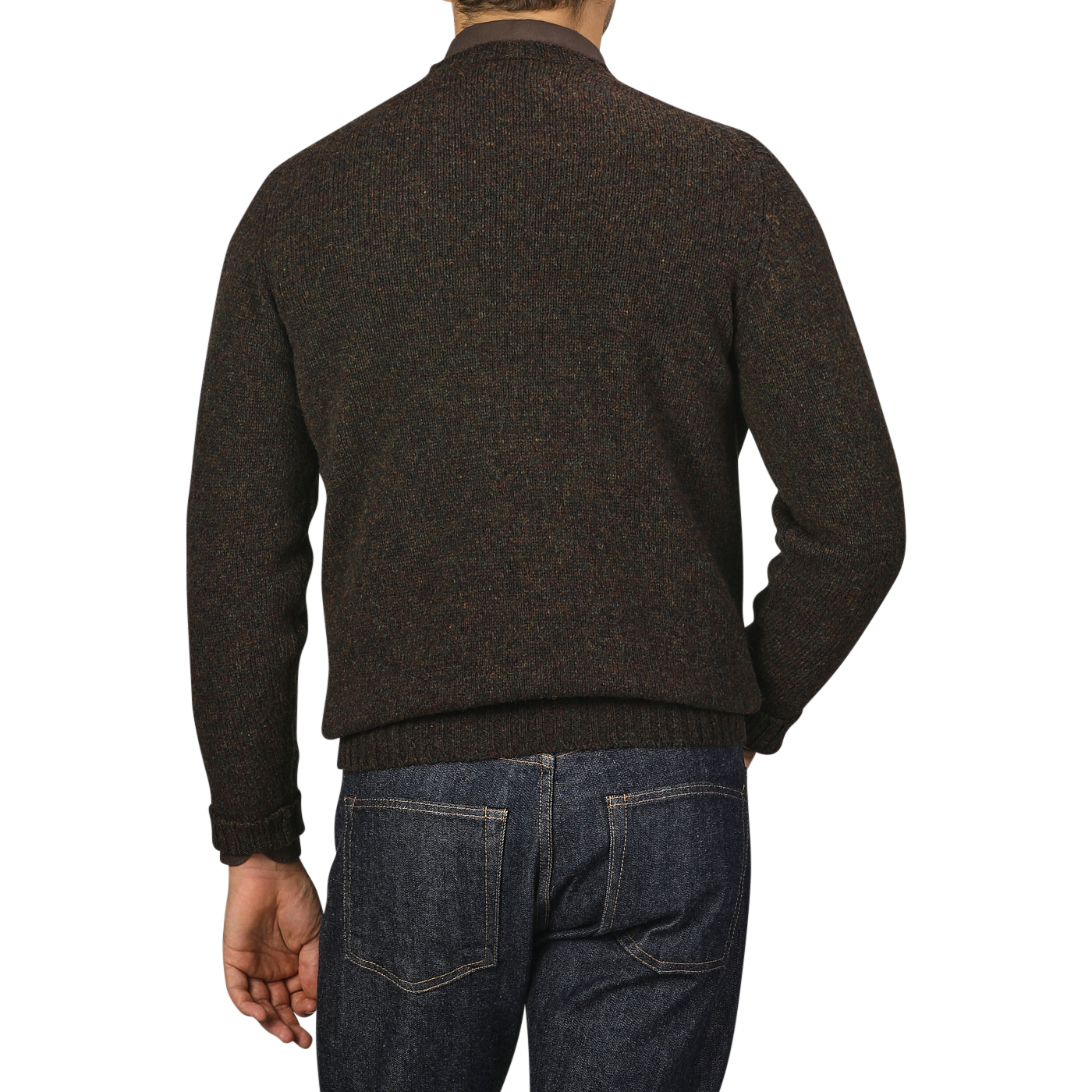 A person wearing a William Lockie Turin Brushed Shetland Lambswool Crew Neck sweater in brown and blue jeans is shown from the back against a plain gray background.