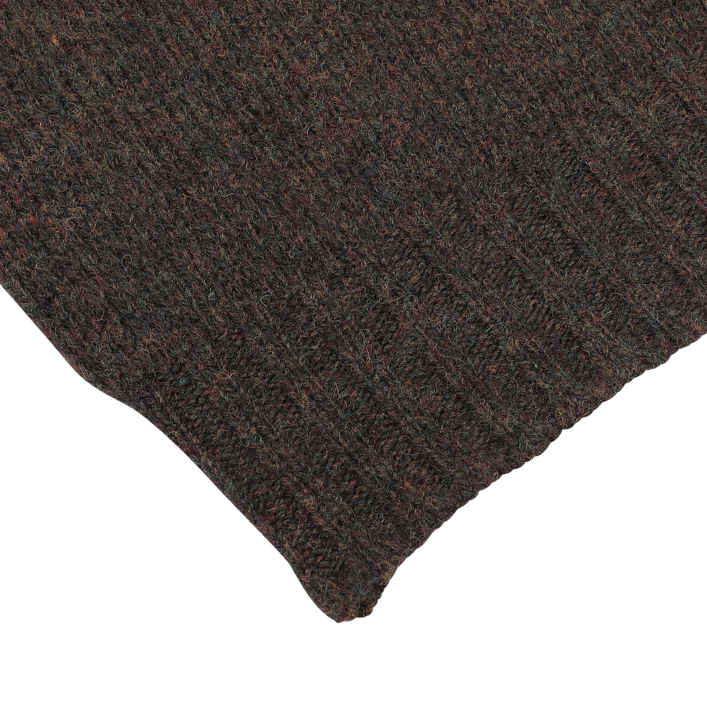 Close-up of a textured, dark brown lambswool knitwear fabric with subtle color variations, reminiscent of the William Lockie Turin Brushed Shetland Lambswool Crew Neck sweater.