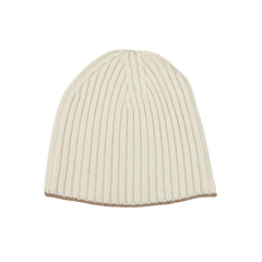 An White Undyed Cashmere Ribbed Short Beanie made from cashmere thread on a William Lockie background.