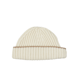 An White Undyed Cashmere Ribbed Short Beanie by William Lockie.
