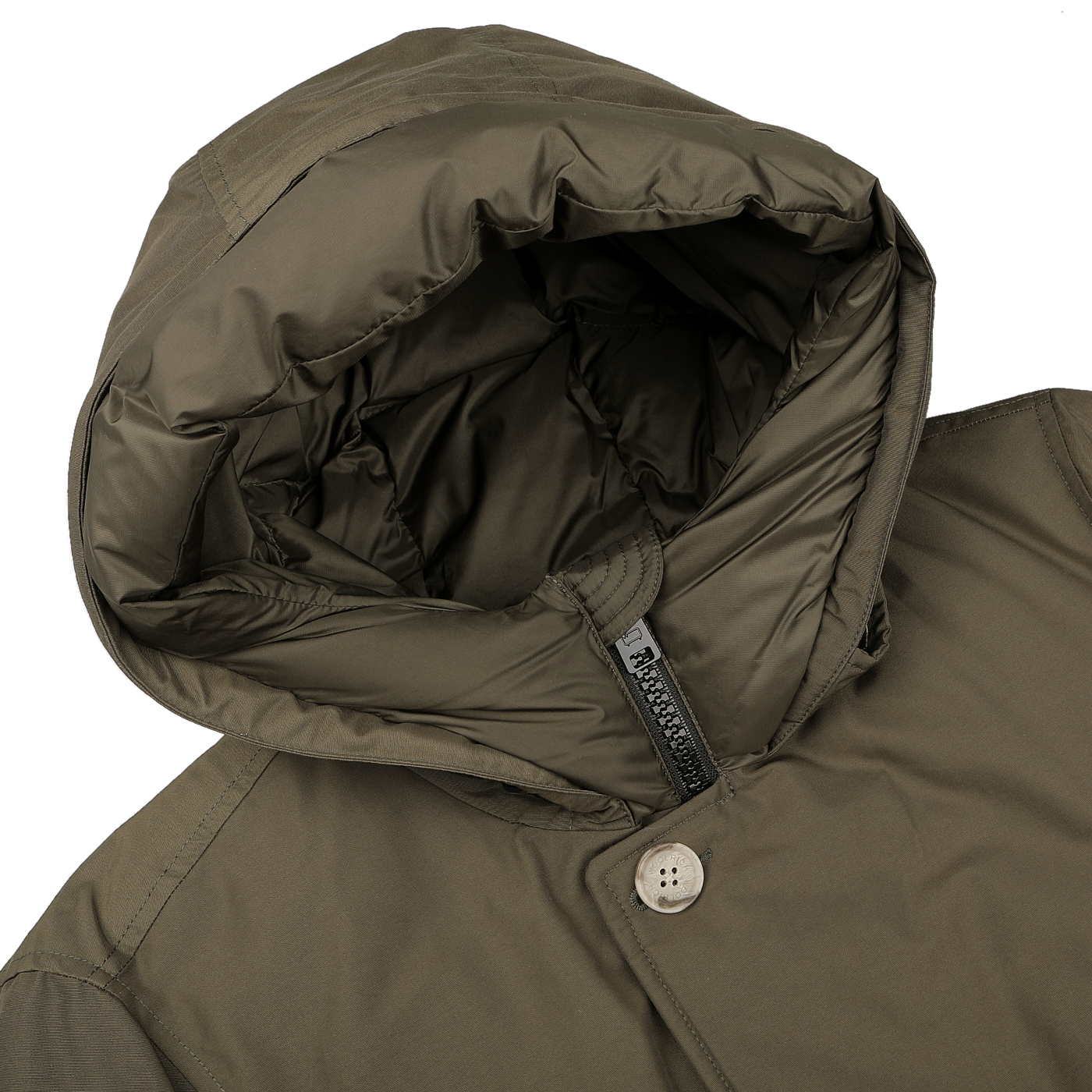 A Dark Green Stretch Nylon Arctic Parka by Woolrich is displayed, showcasing a quilted hood, a front zipper, and a button on the chest area. Made with waterproof material, this jacket ensures you stay dry while providing the warmth of duck down insulation.