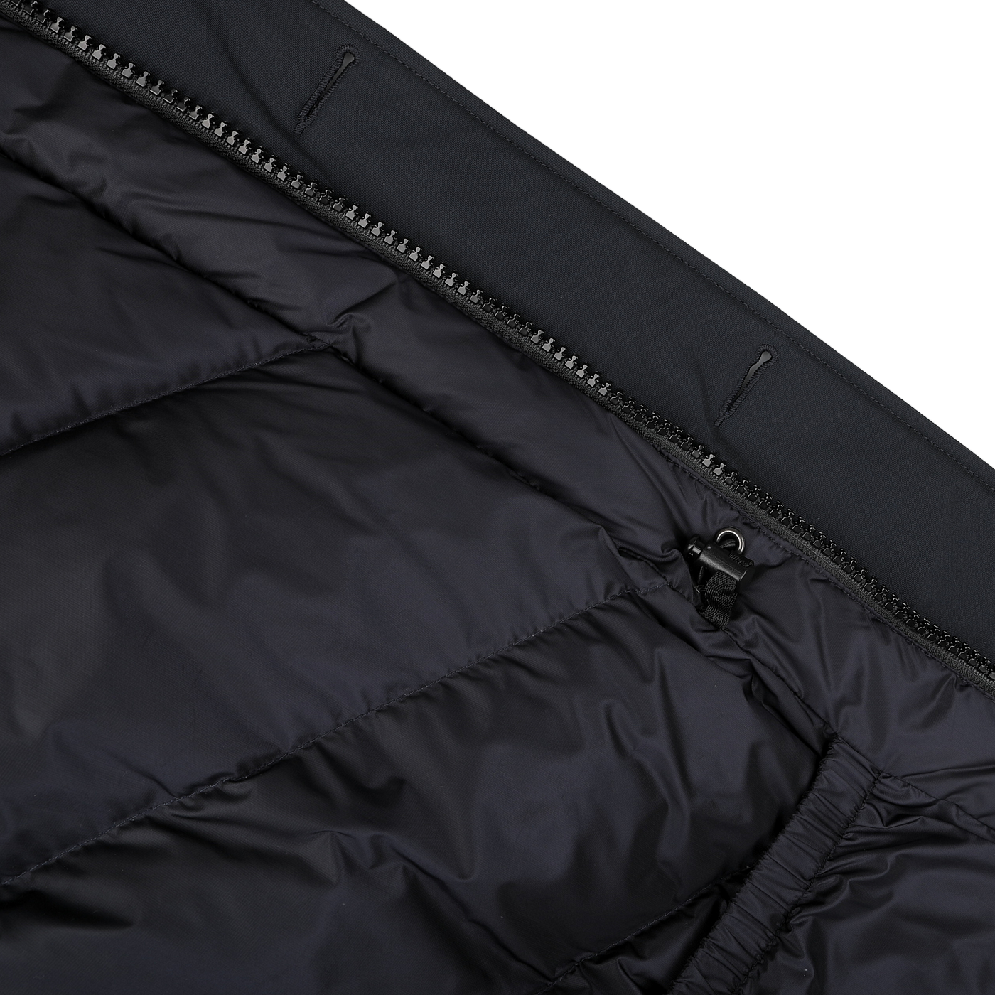 Close-up of the Woolrich Melton Blue Stretch Nylon Arctic Parka, highlighting its waterproof outer material, with detailed views of the zipper, stitching, and drawstring.