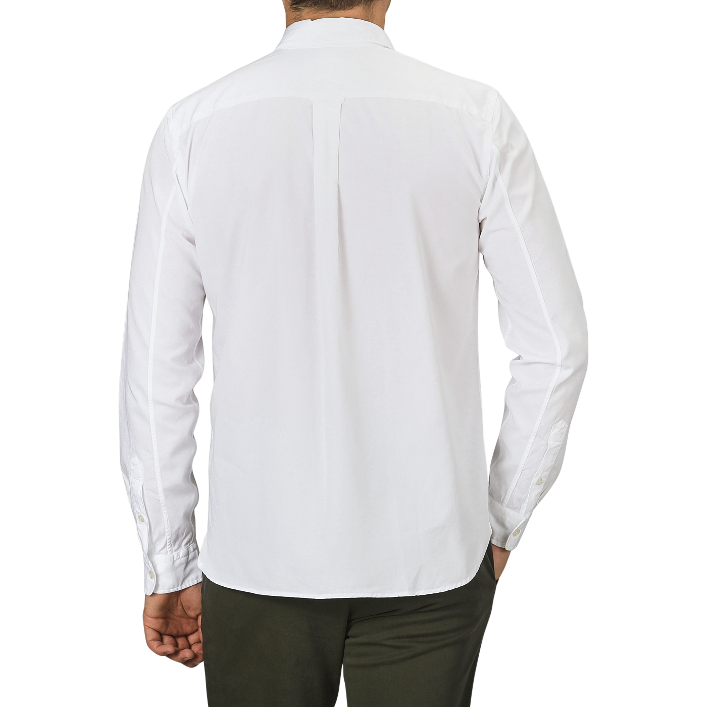 A person wearing a White Cotton Twill Legacy Shirt by Xacus and dark green pants is shown from the back against a plain gray background.