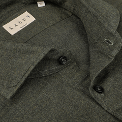 Close-up of a green melange cotton flannel tailor fit shirt by Xacus, with a visible label near the collar.