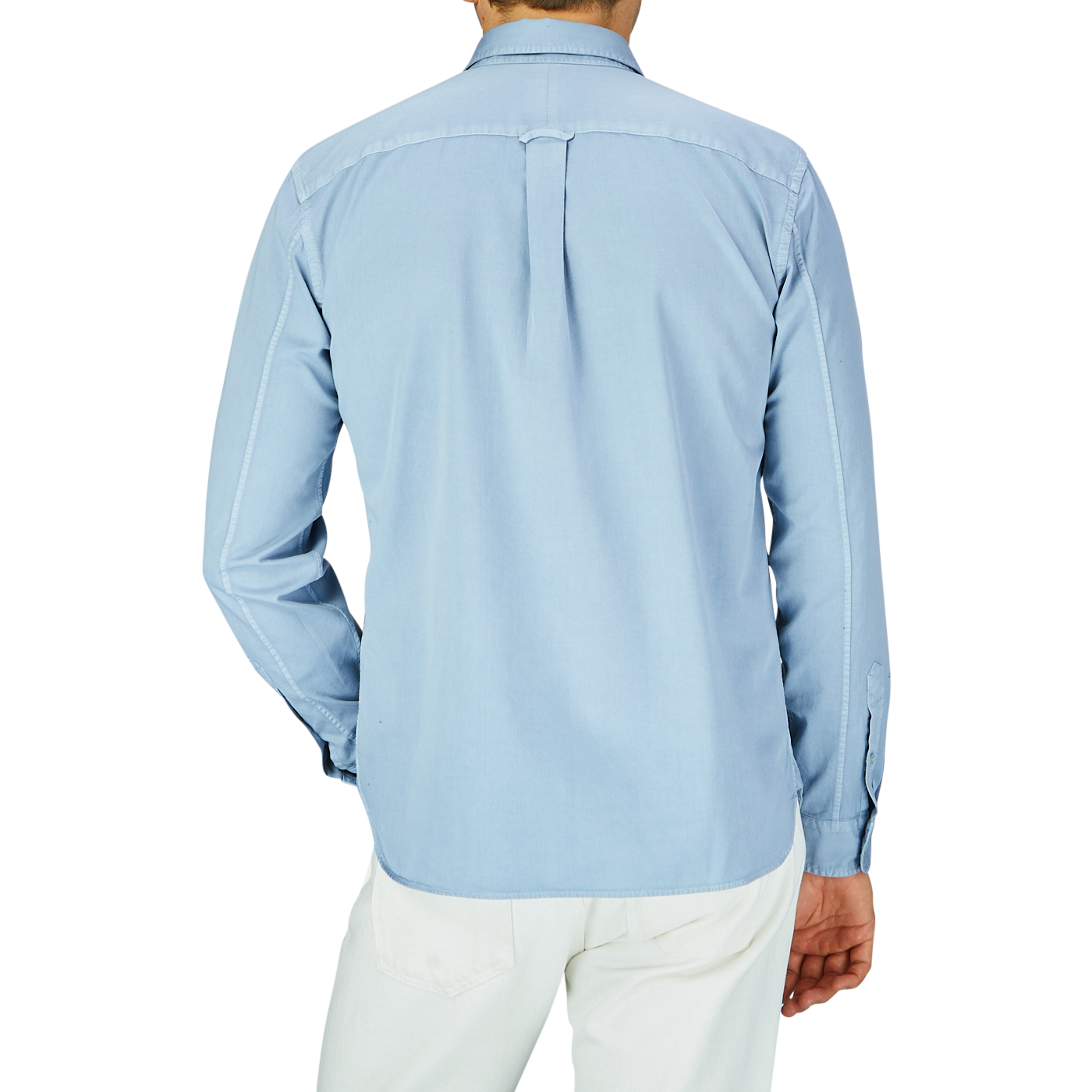 Man wearing a Xacus Light Blue Washed Cotton Twill Legacy Shirt seen from the back.