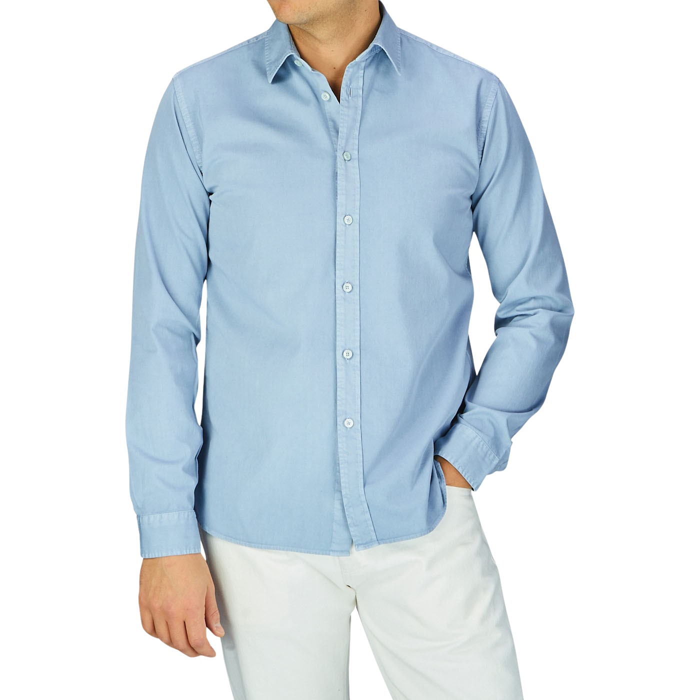 A person wearing a Xacus Light Blue Washed Cotton Twill Legacy Shirt and white pants.