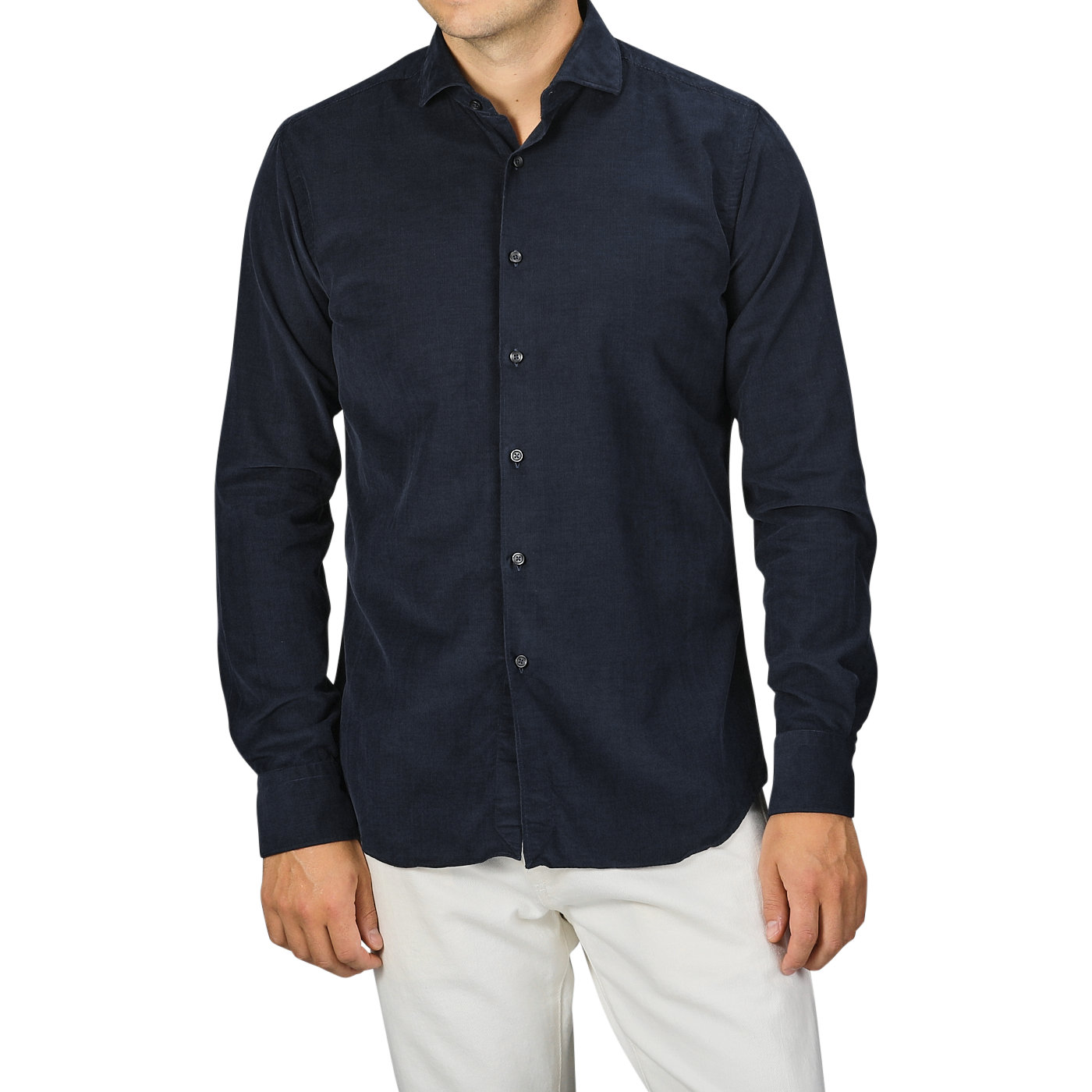 A person wearing a Navy Blue Cotton Corduroy Tailor Fit Shirt by Xacus and white pants against a gray background.