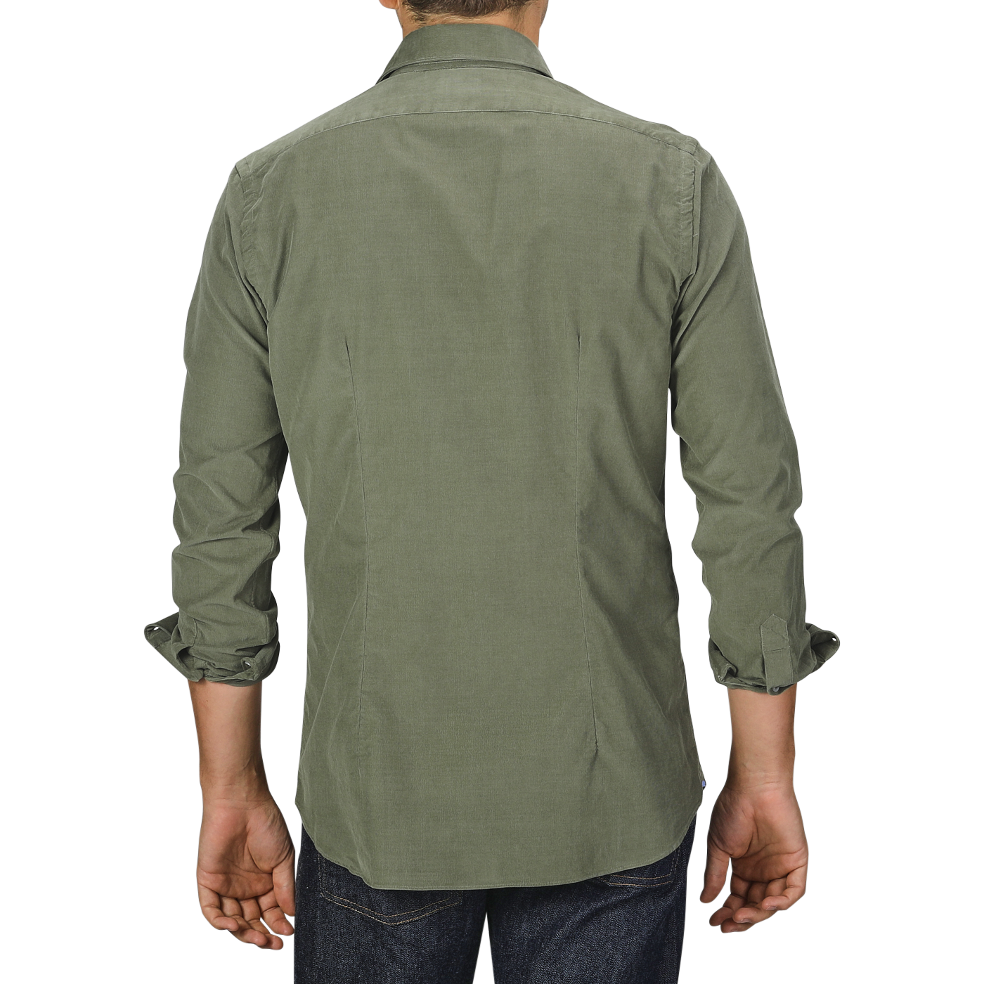 Person wearing an Xacus Olive Green Cotton Corduroy Tailor Fit Shirt and jeans, photographed from the back against a plain gray background.