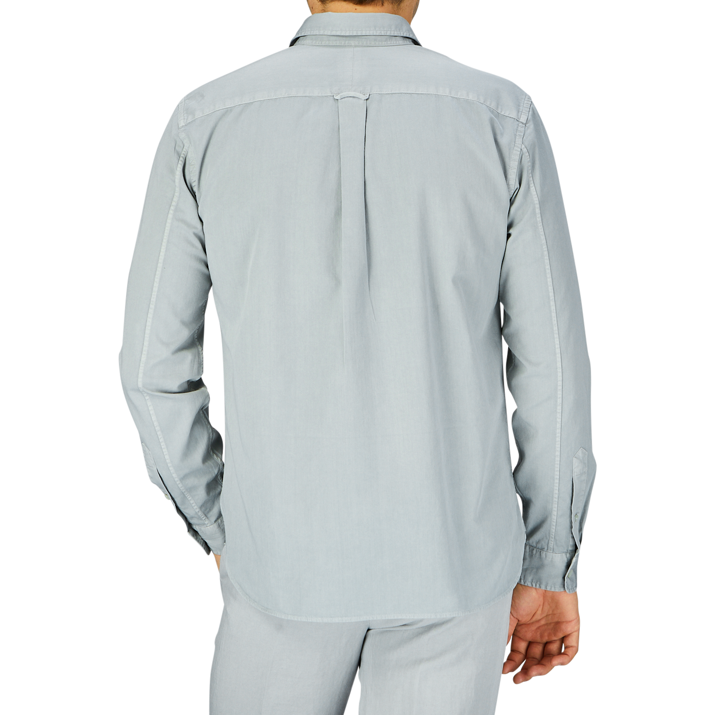 Rear view of a person wearing a Xacus Sage Green Washed Cotton Twill Legacy Shirt.