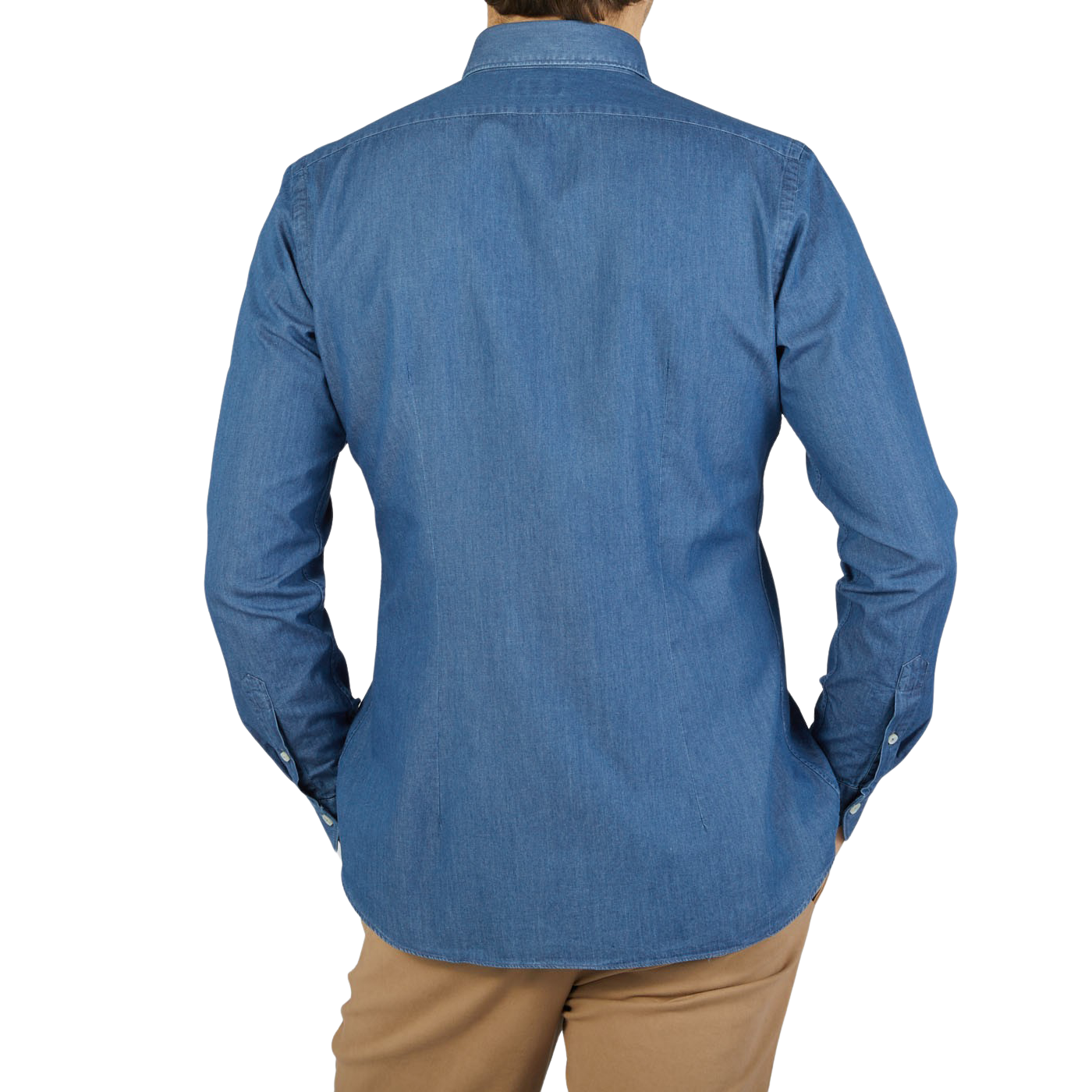 The back view of a man wearing a Xacus Slim Fit, Washed Blue Cotton Denim Casual Shirt.