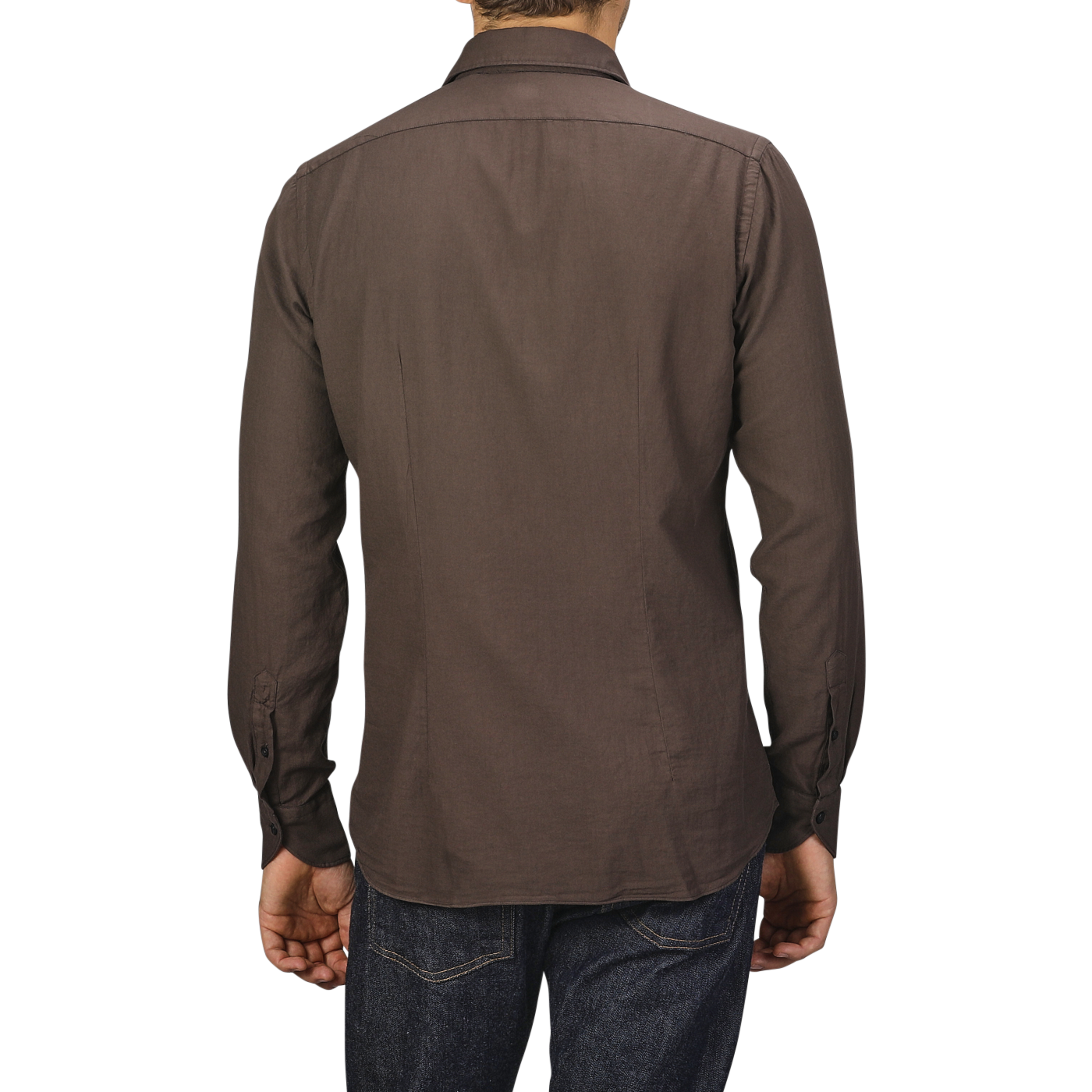 A person wearing a Washed Brown Mussola Cotton Tailor Fit Shirt by Xacus and blue jeans is shown from the back against a gray background.