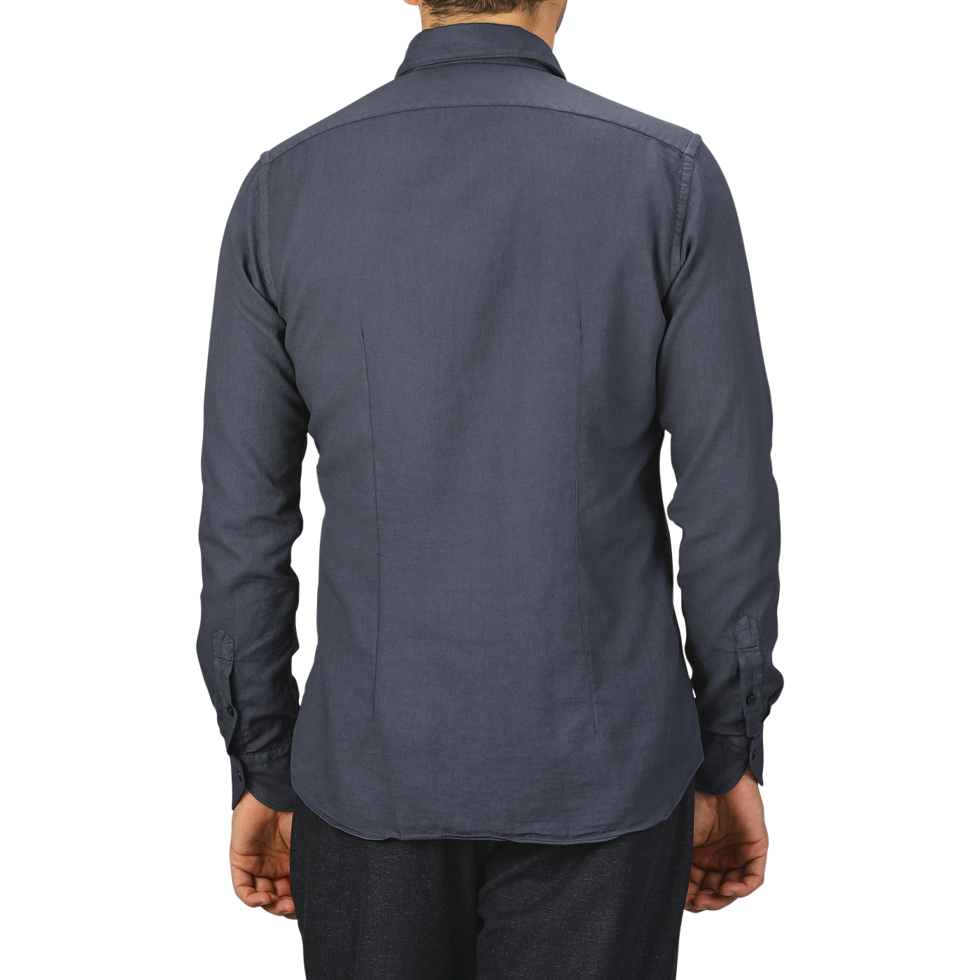 A person wearing a Washed Navy Mussola Cotton Tailor Fit Shirt by Xacus is shown from the back. Only the upper half of the body is visible.