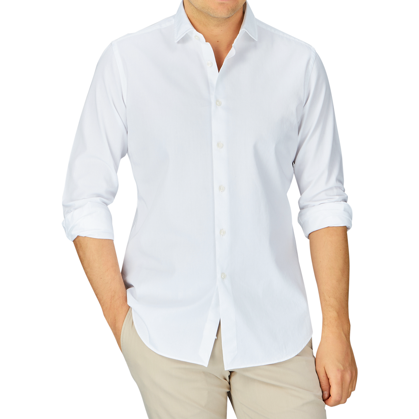 Man wearing a Xacus White Cotton Twill Tailor Fit Shirt and beige pants.