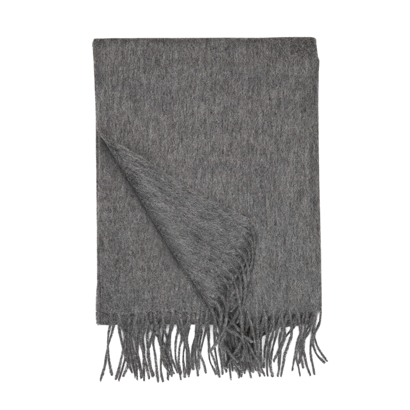 A Grey Superfine Merino Wool Scarf with fringed endings by Yacaia.