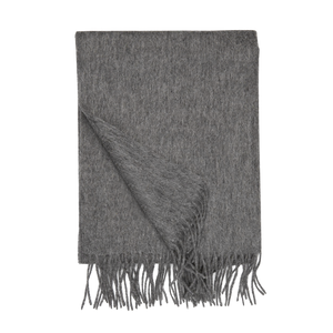 A Grey Superfine Merino Wool Scarf with fringed endings by Yacaia.