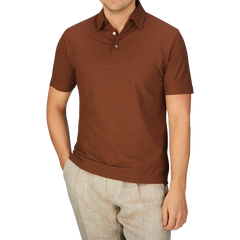 A man wearing a Zanone Coffee Brown Ice Cotton Polo Shirt.