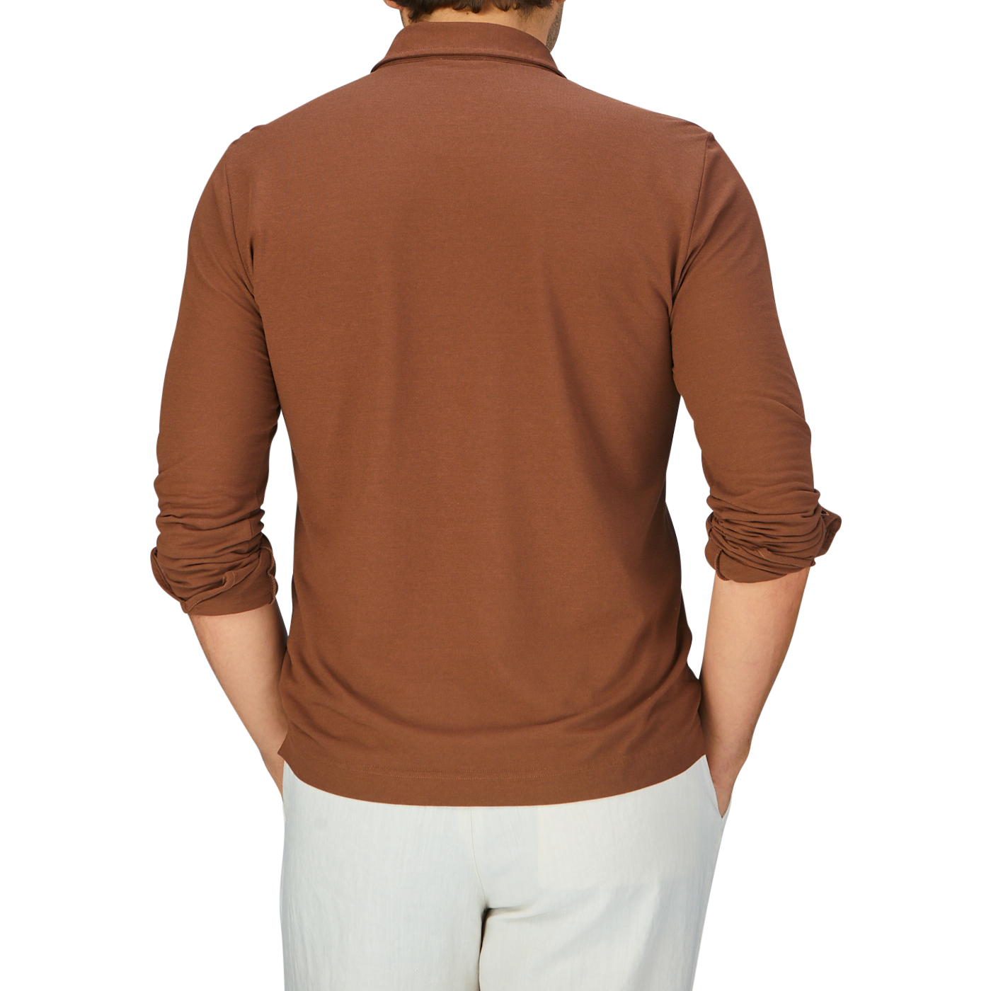 The back view of a man wearing a coffee brown Zanone Ice Cotton LS Polo Shirt.