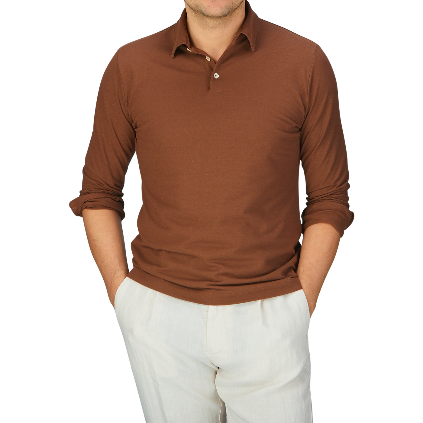 A man wearing a Zanone Coffee Brown Ice Cotton LS Polo Shirt and white pants.
