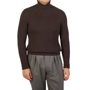 A man wearing a seasonal Dark Brown Ribbed Wool Rollneck, a Zanone knitwear specialist.