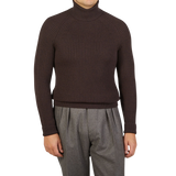 A man wearing a seasonal Dark Brown Ribbed Wool Rollneck, a Zanone knitwear specialist.