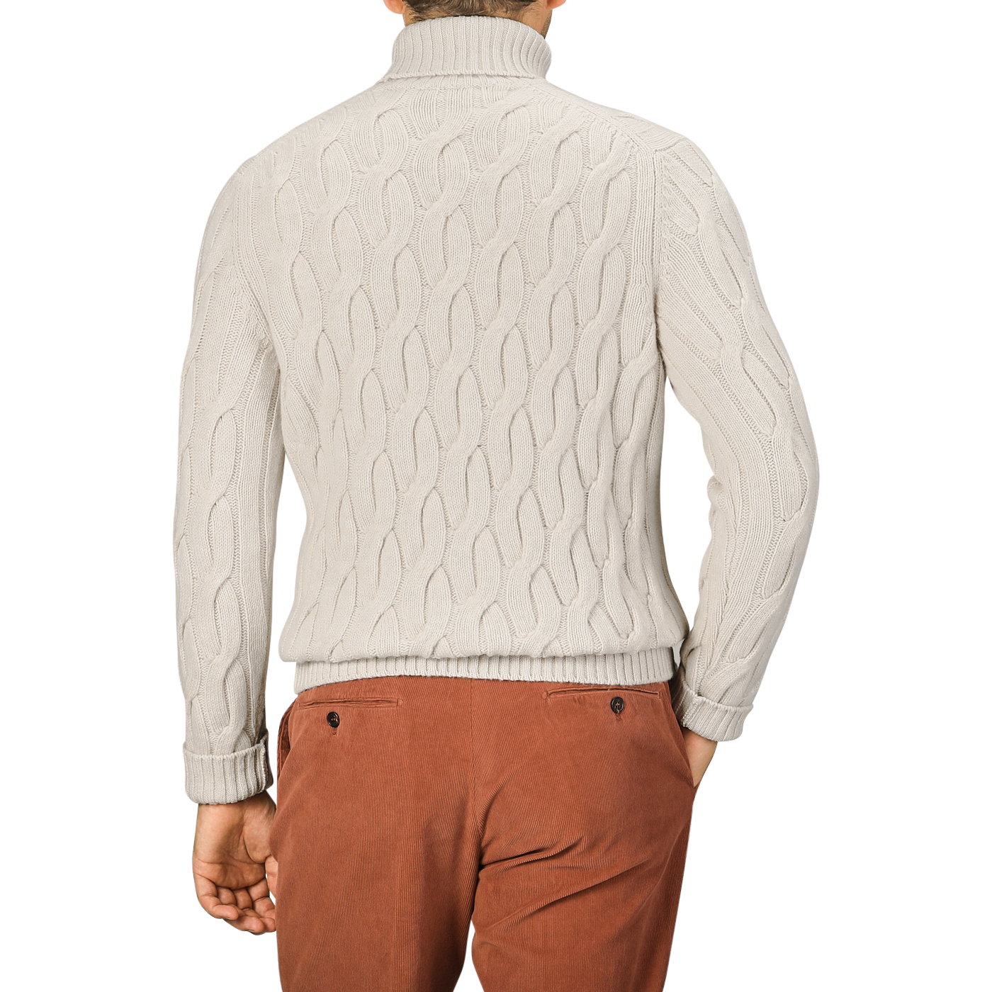 Rear view of a person wearing an Ecru Beige Wool Cable Knit Rollneck by Zanone and rust-colored pants, standing against a plain background.