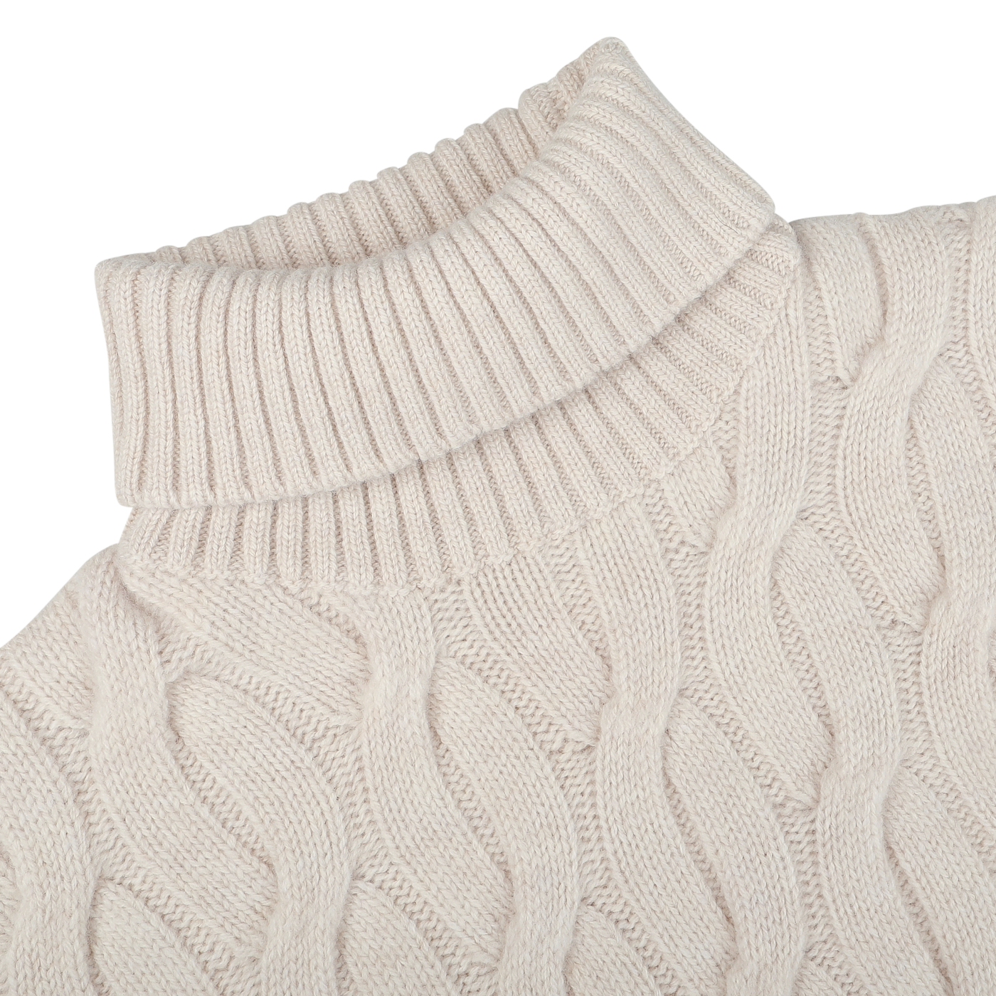 Close-up of the Ecru Beige Wool Cable Knit Rollneck by Zanone, made from pure virgin wool, lying flat on a white surface.