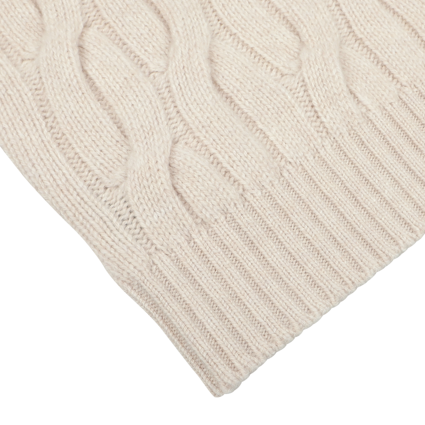 Close-up of the Ecru Beige Wool Cable Knit Rollneck by Zanone, crafted in virgin wool with a ribbed hem and a contemporary roll neck featuring a cable knit pattern.