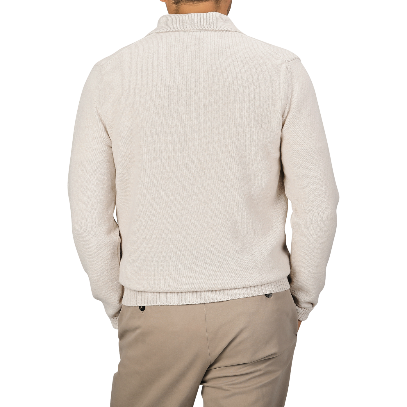 A person wearing the Zanone Ecru Beige Wool Winter LS Polo Shirt and beige pants is shown from the back.