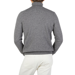 A Zanone Grey Melange Wool Cashmere Rollneck specialist showcasing a Zanone grey melange sweater from the back view.