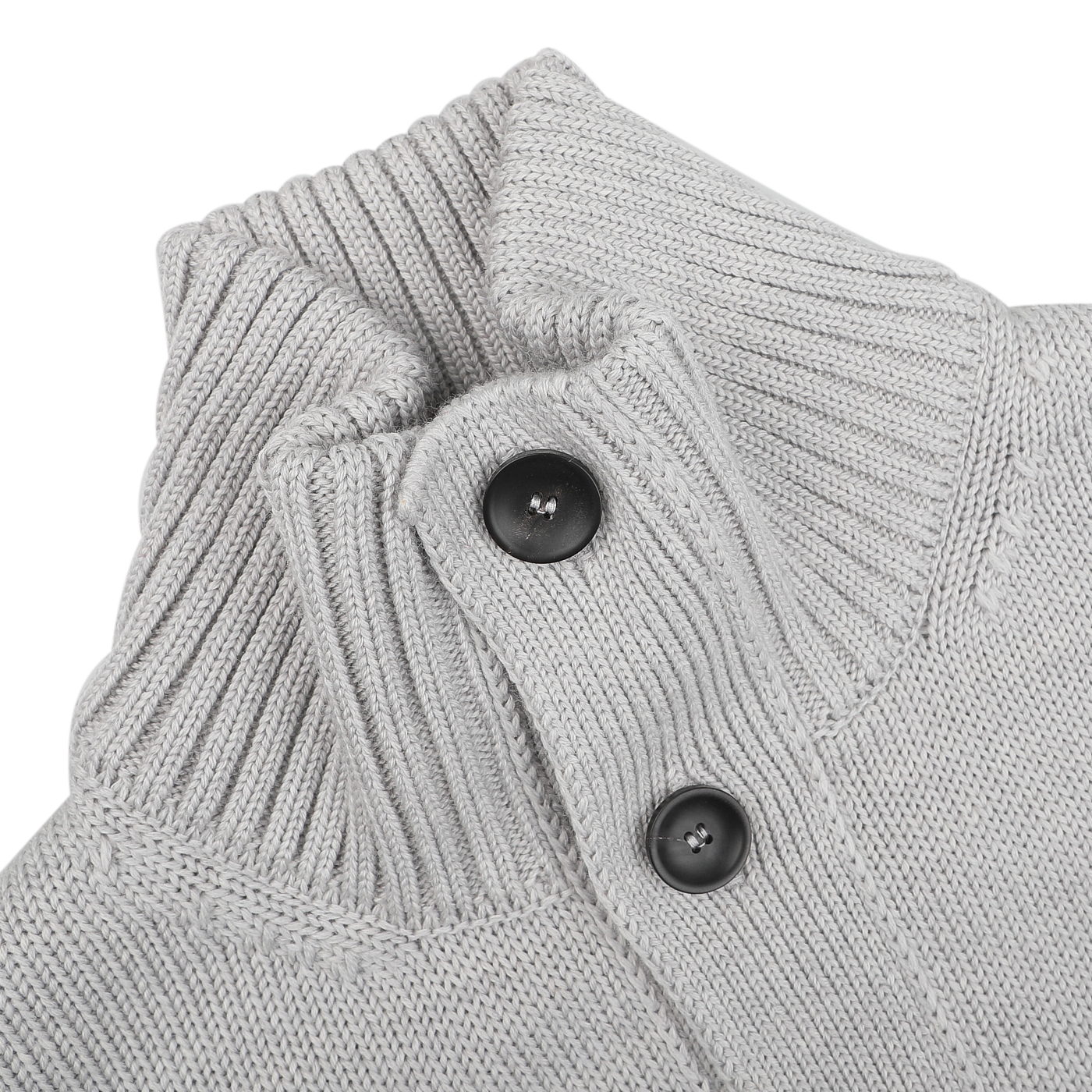 Close-up of a Zanone Light Grey Merino Wool Button Cardigan, showcasing a high ribbed collar and three sleek black buttons.