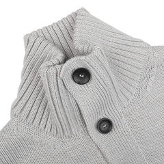 Close-up of a Zanone Light Grey Merino Wool Button Cardigan, showcasing a high ribbed collar and three sleek black buttons.