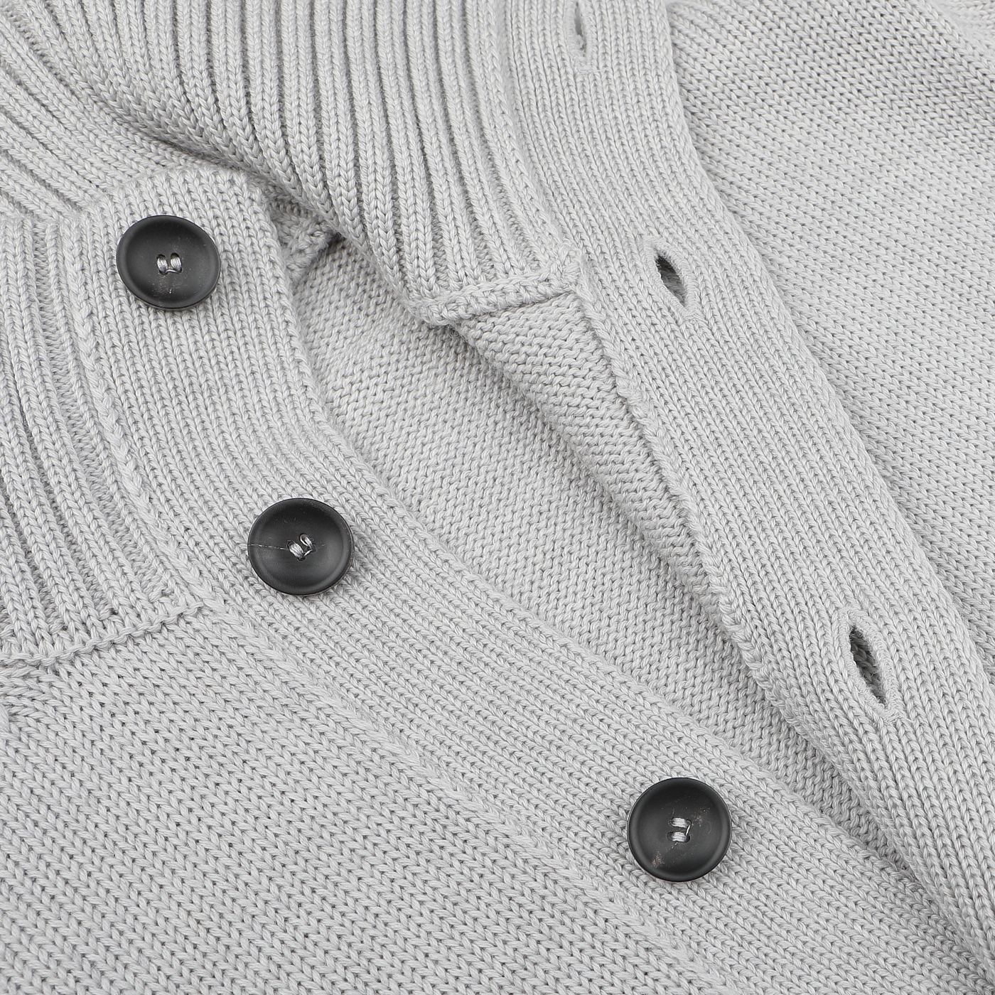 Close-up of the Zanone Light Grey Merino Wool Button Cardigan, showcasing its ribbed collar and sleek black buttons.