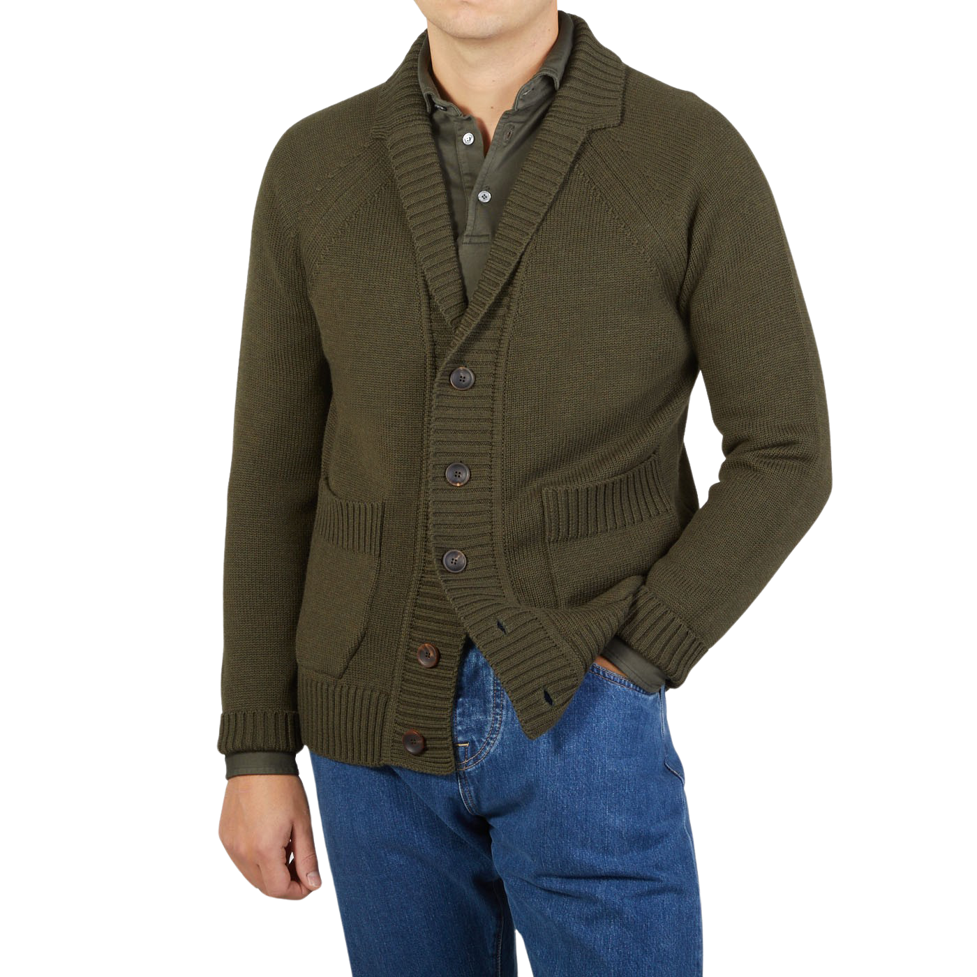 A man wearing a Zanone military green wool shawl collar cardigan and jeans.