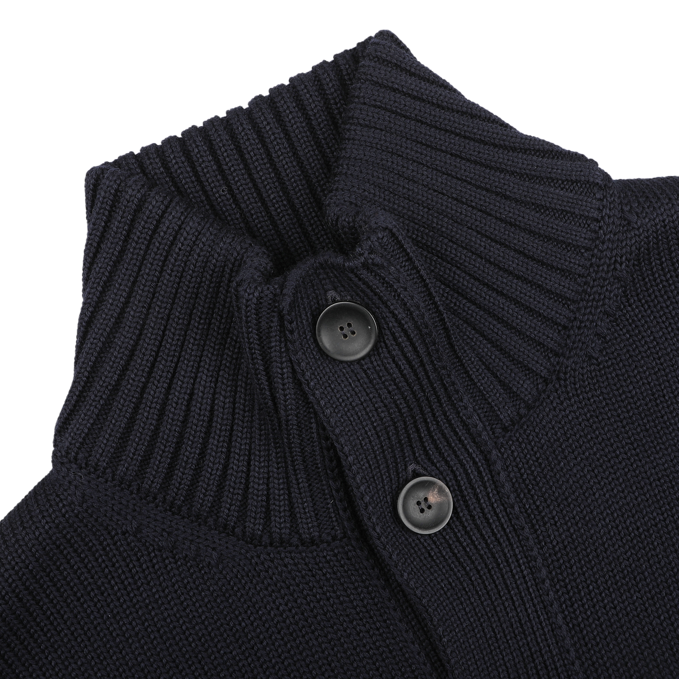 Close-up of a navy blue cardigan from Zanone, crafted from merino wool, showcasing a ribbed collar and two black buttons.