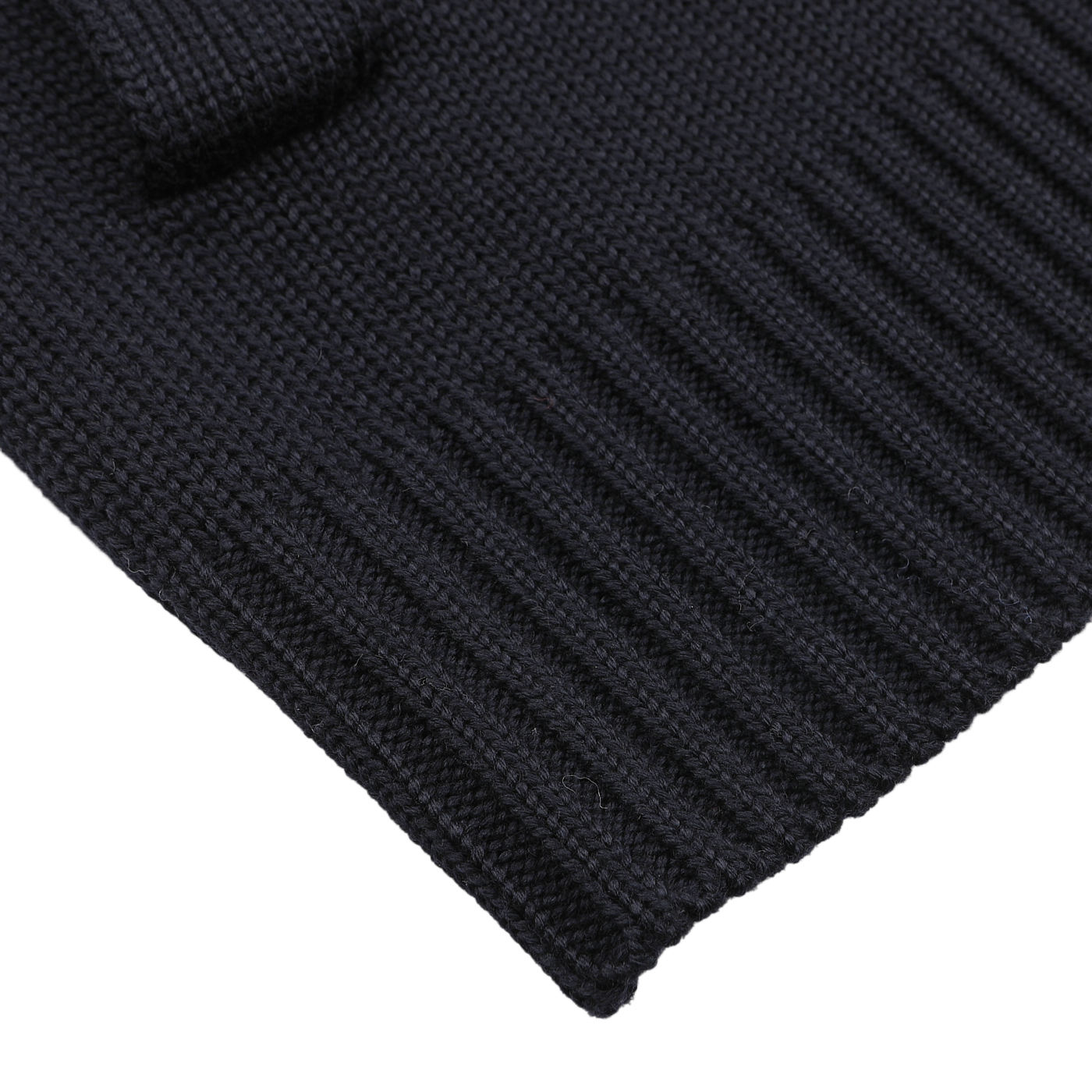 Close-up of a navy blue knitted fabric, showcasing intricate ribbed and textured patterns on a gray background, reminiscent of the Zanone Navy Blue Merino Wool Button Cardigan.